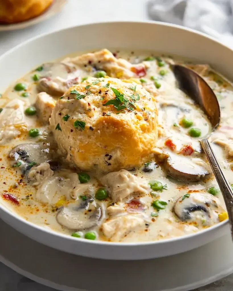 Close-up of creamy Chicken à la King served in a white bowl with a large, fluffy golden biscuit in the center. The rich sauce is loaded with sliced mushrooms, green peas, and red pimentos, garnished with fresh parsley and black pepper. A silver spoon rests in the bowl.
