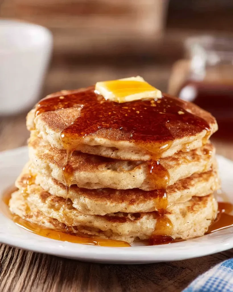 A close-up view of a stack of four fluffy Vanilla Cinnamon Buttermilk Pancakes topped with a pat of melting butter and drenched in rich maple syrup, sitting on a white plate against a rustic wooden background.