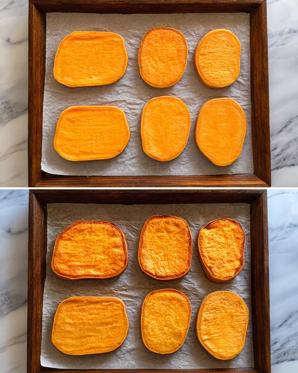 A before-and-after comparison showing sweet potato toast slices on a parchment-lined baking tray. The top image shows six raw, bright-orange slices. The bottom image shows the same six slices after baking, now tender-looking with golden-brown, caramelized edges.