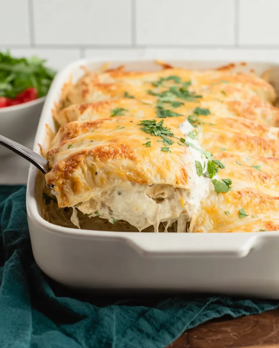 Close-up shot of a serving spatula lifting a cheesy Sour Cream Chicken Enchilada from a white baking dish, revealing the creamy white sauce inside and golden melted cheese on top garnished with fresh cilantro.