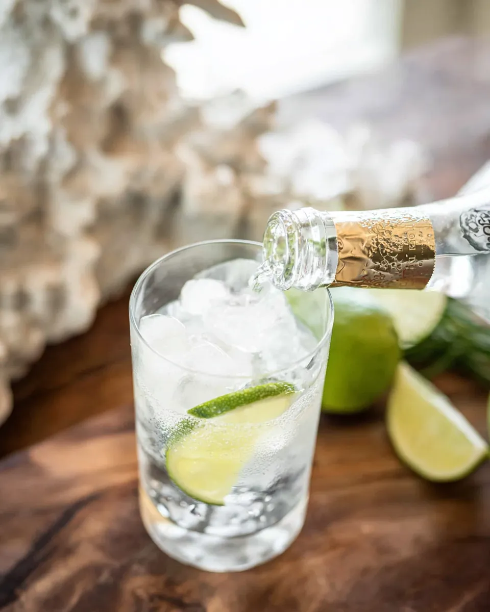 salaheddineb_httpss.mj.runTje6AOa5hi0__professional_food_phot_b5fef787-8a70-46df-be8d-ba0b55f75387_0_result Tonic water being poured from a bottle into a highball glass filled with ice and lime wedges, set on a wooden surface with fresh limes nearby.