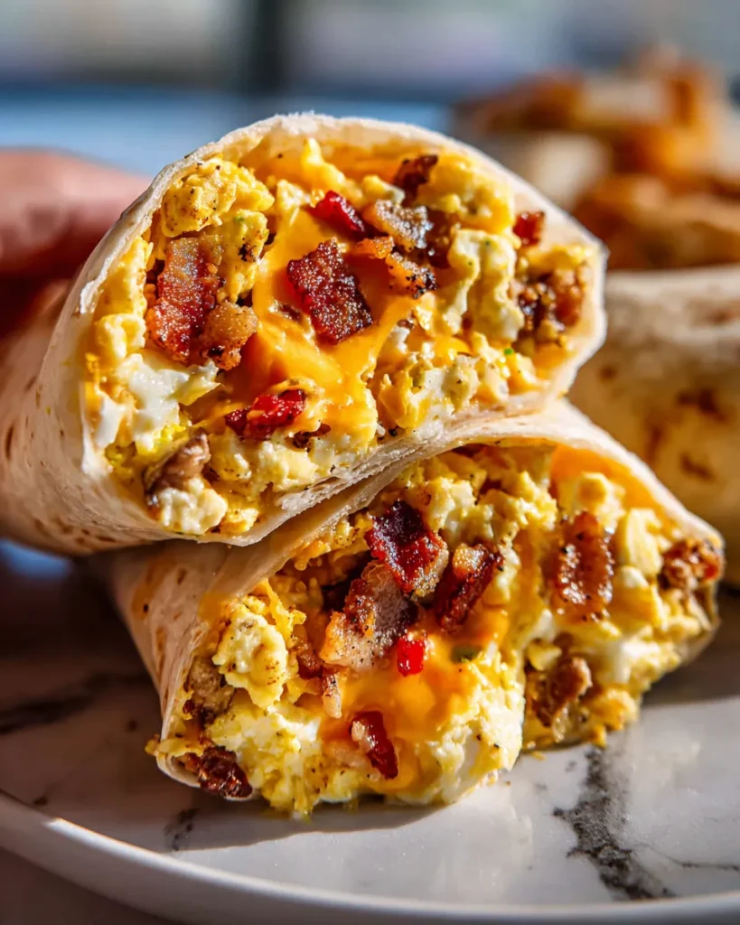 Close-up view of a sliced bacon egg breakfast burrito stacked on a plate, showing fluffy scrambled eggs, melted cheese, and crispy bacon bits wrapped in a soft flour tortilla.