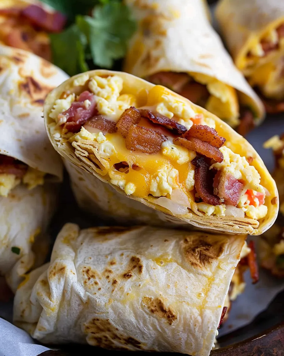 A stack of sliced bacon egg breakfast burritos showing a generous filling of fluffy scrambled eggs, melted cheese, and crispy bacon pieces wrapped in a golden-brown toasted flour tortilla.