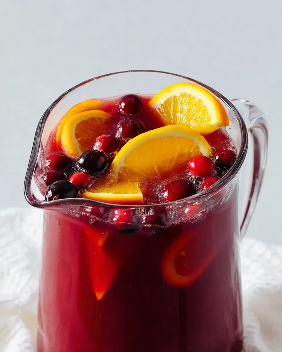A large glass pitcher filled with a vibrant red Christmas morning punch. The non-alcoholic punch is garnished with floating fresh cranberries and bright orange slices, set against a simple light gray background.