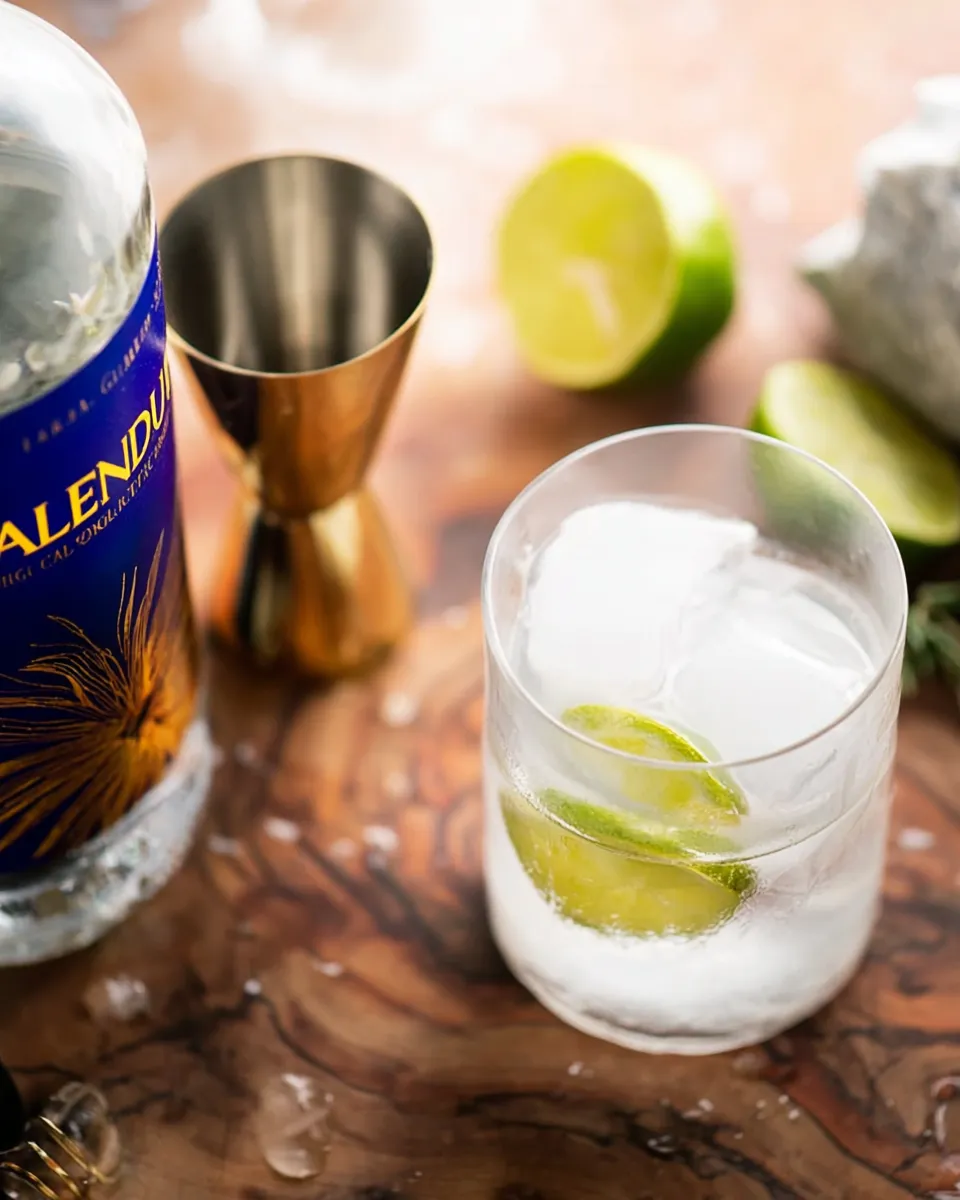 Non-Alcoholic-Gin-and-Tonic-mocktail A lowball glass filled with large ice cubes, ready for a mocktail. Next to it are a bottle of Caleno non-alcoholic spirit, a metal jigger, and several lime wedges on a marble surface.