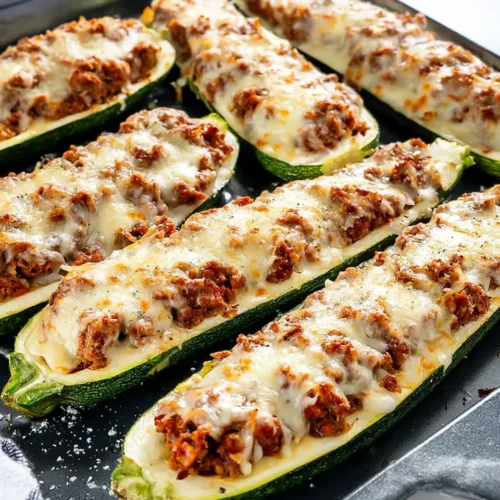 Close-up of freshly baked stuffed zucchini boats arranged on a dark baking sheet, filled with savory ground beef and marinara, and topped with bubbling, golden-brown mozzarella cheese.