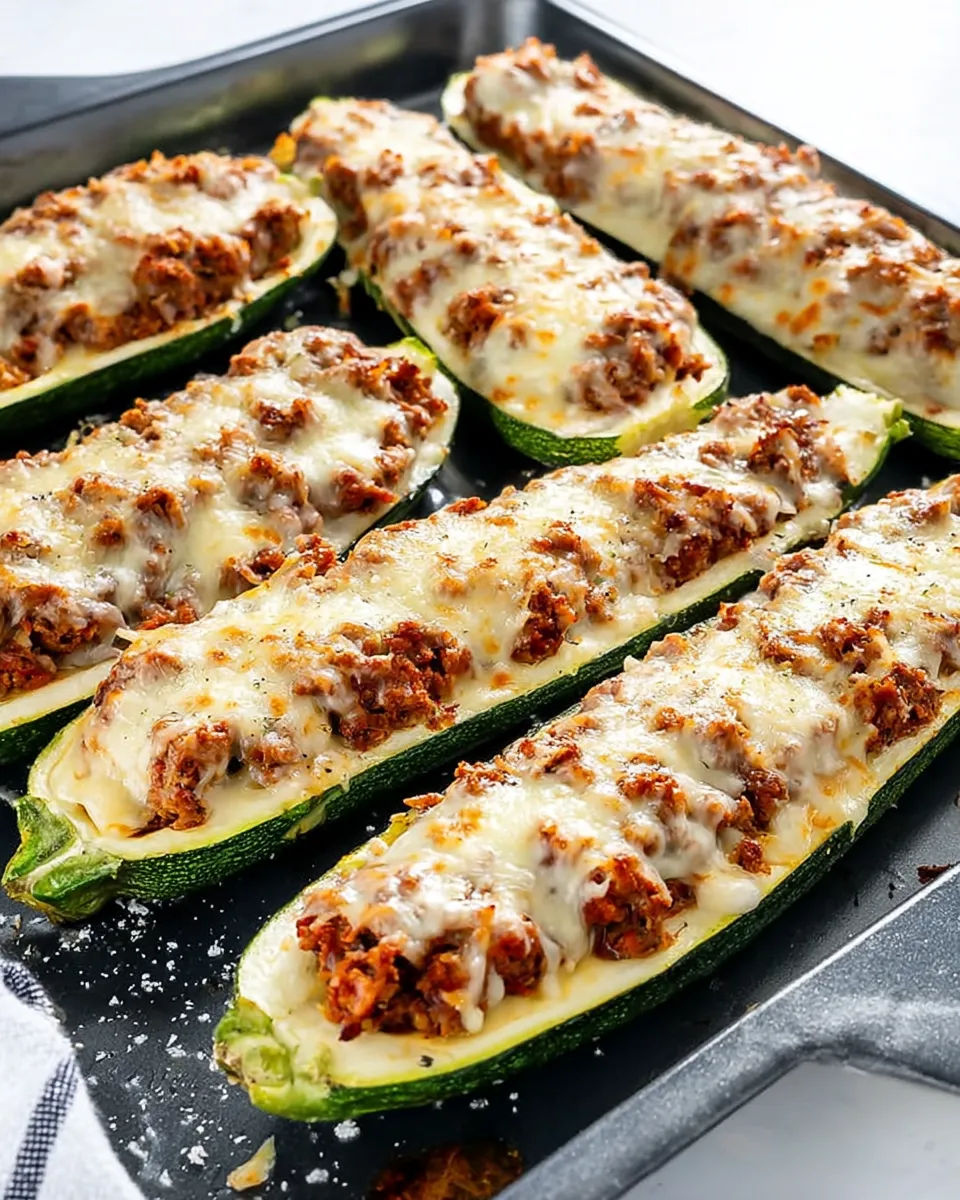 Close-up of freshly baked stuffed zucchini boats arranged on a dark baking sheet, filled with savory ground beef and marinara, and topped with bubbling, golden-brown mozzarella cheese.