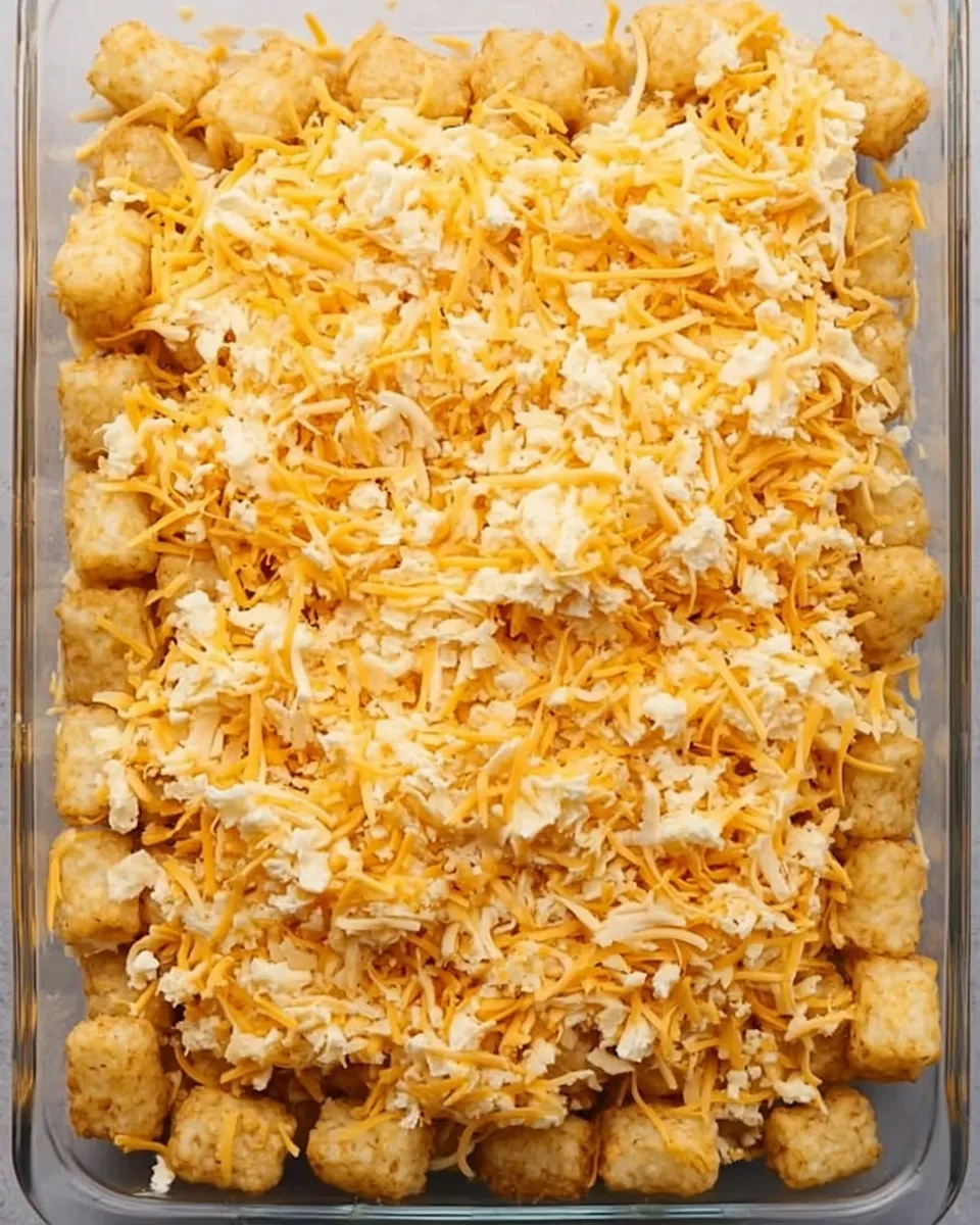 Overhead view of the assembled Tater Tot Sloppy Joe Skillet in a glass dish, showing rows of frozen tater tots covered in a generous layer of shredded cheese, ready to bake.