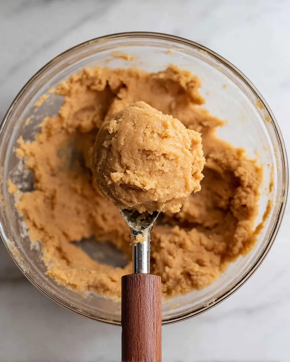 A metal cookie scoop with a wooden handle lifts a ball of three-ingredient peanut butter cookie dough from a clear glass mixing bowl, set on a marble countertop.
