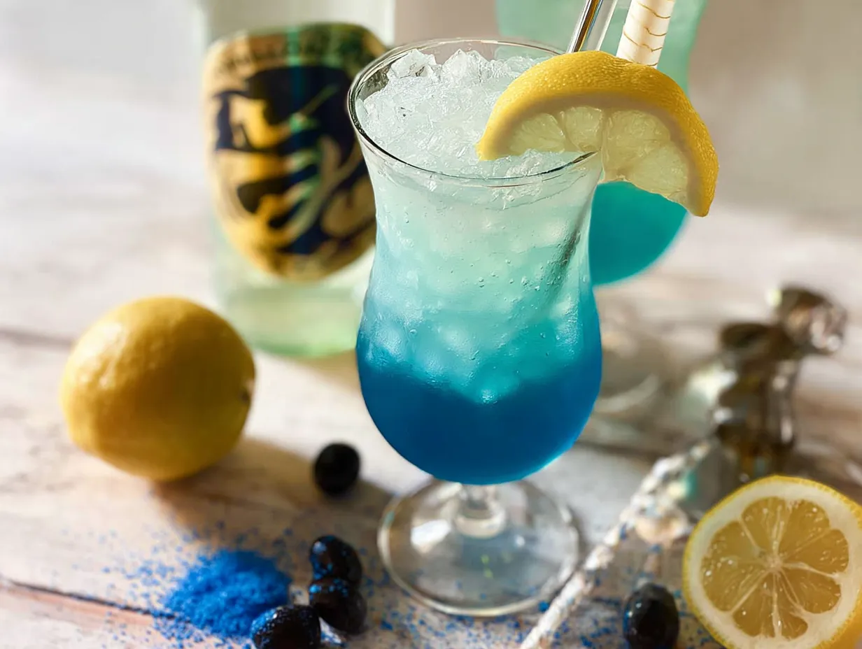 A vibrant Blue Lagoon Mocktail in a tall glass, filled with crushed ice and garnished with a lemon wedge, set on a white wooden table.