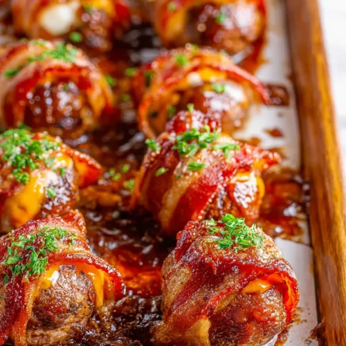 Close-up of freshly baked Cheddar Stuffed BBQ Bacon Bombs on a baking sheet, featuring crispy bacon, a glossy caramelized BBQ sauce glaze, and a garnish of fresh chopped parsley.