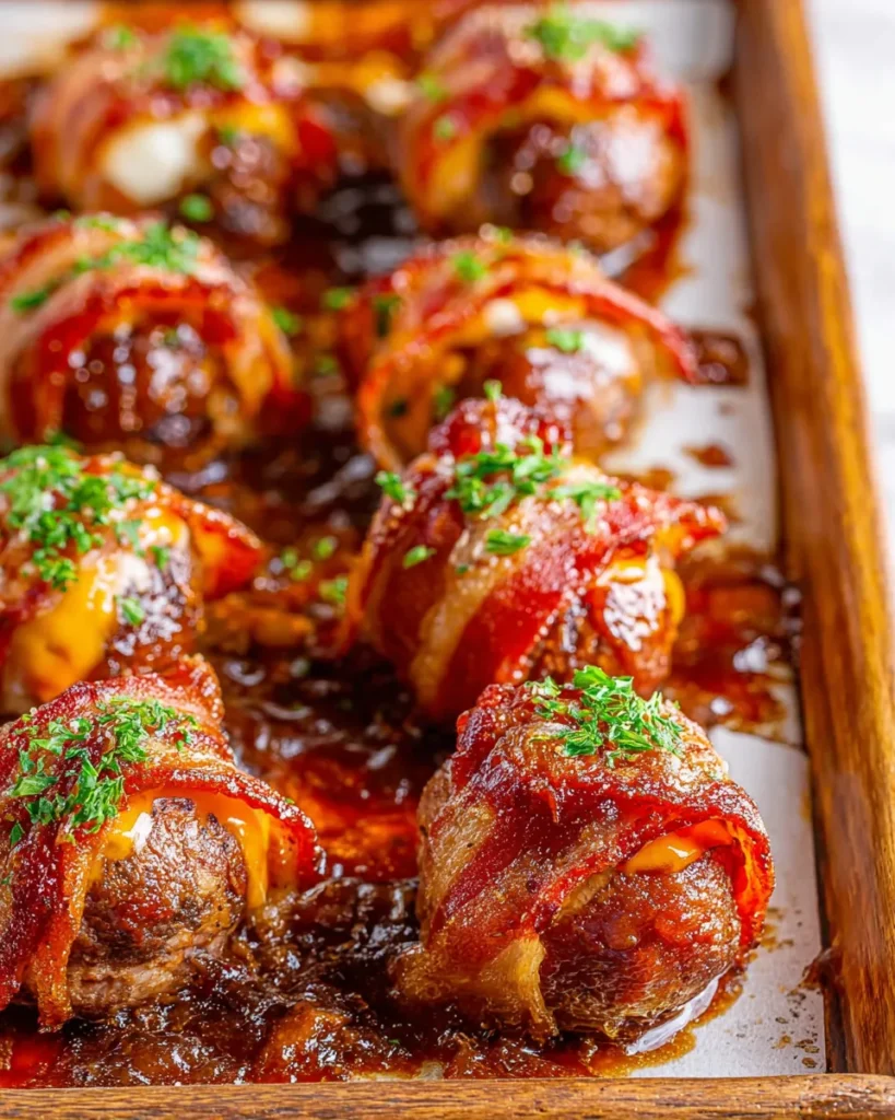 Close-up of freshly baked Cheddar Stuffed BBQ Bacon Bombs on a baking sheet, featuring crispy bacon, a glossy caramelized BBQ sauce glaze, and a garnish of fresh chopped parsley.