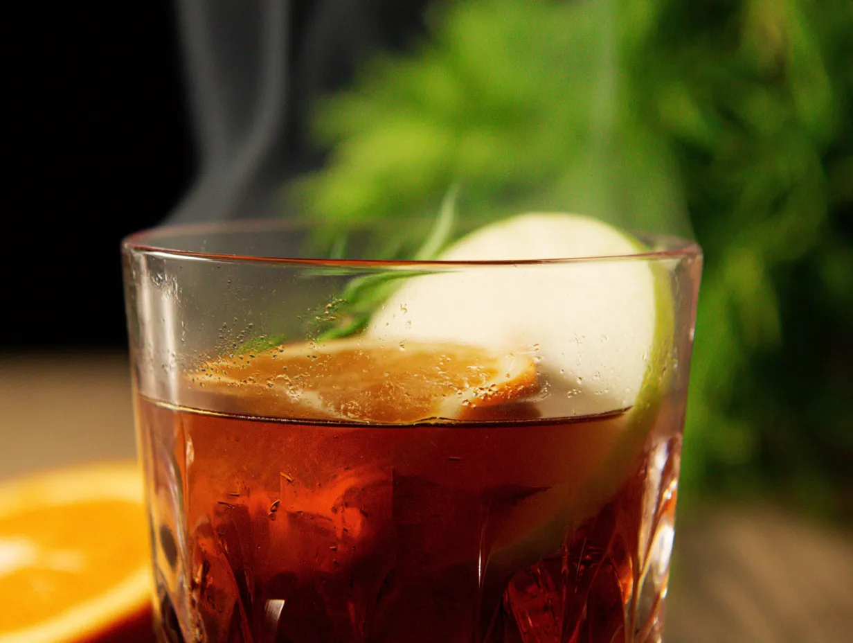 A close-up of a rocks glass filled with an amber-colored Smoked Honeycrisp Mocktail, garnished with an apple slice, orange slice, and a sprig of rosemary, with wisps of smoke rising from the drink.