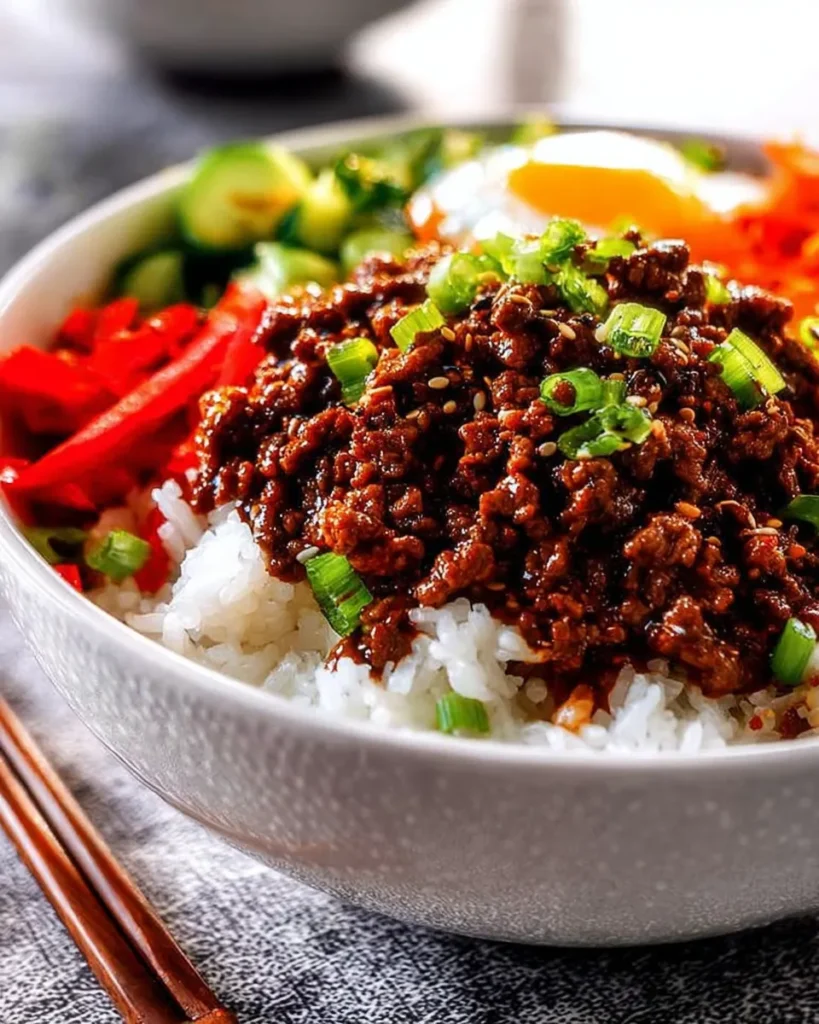 Close-up side view of a white bowl filled with fluffy rice, topped with glossy Korean BBQ ground beef, sliced red peppers, cucumbers, and a fried egg. The dish is garnished with green onions and sesame seeds, with wooden chopsticks resting on the side.
