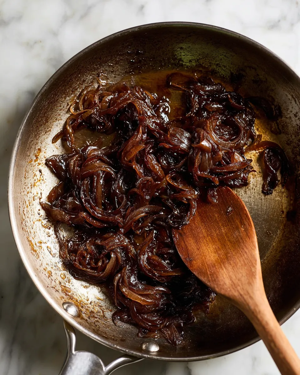 caramelized onions Overhead food photography shot of deeply caramelized onions in a stainless steel skillet, ready for the French onion sauce.