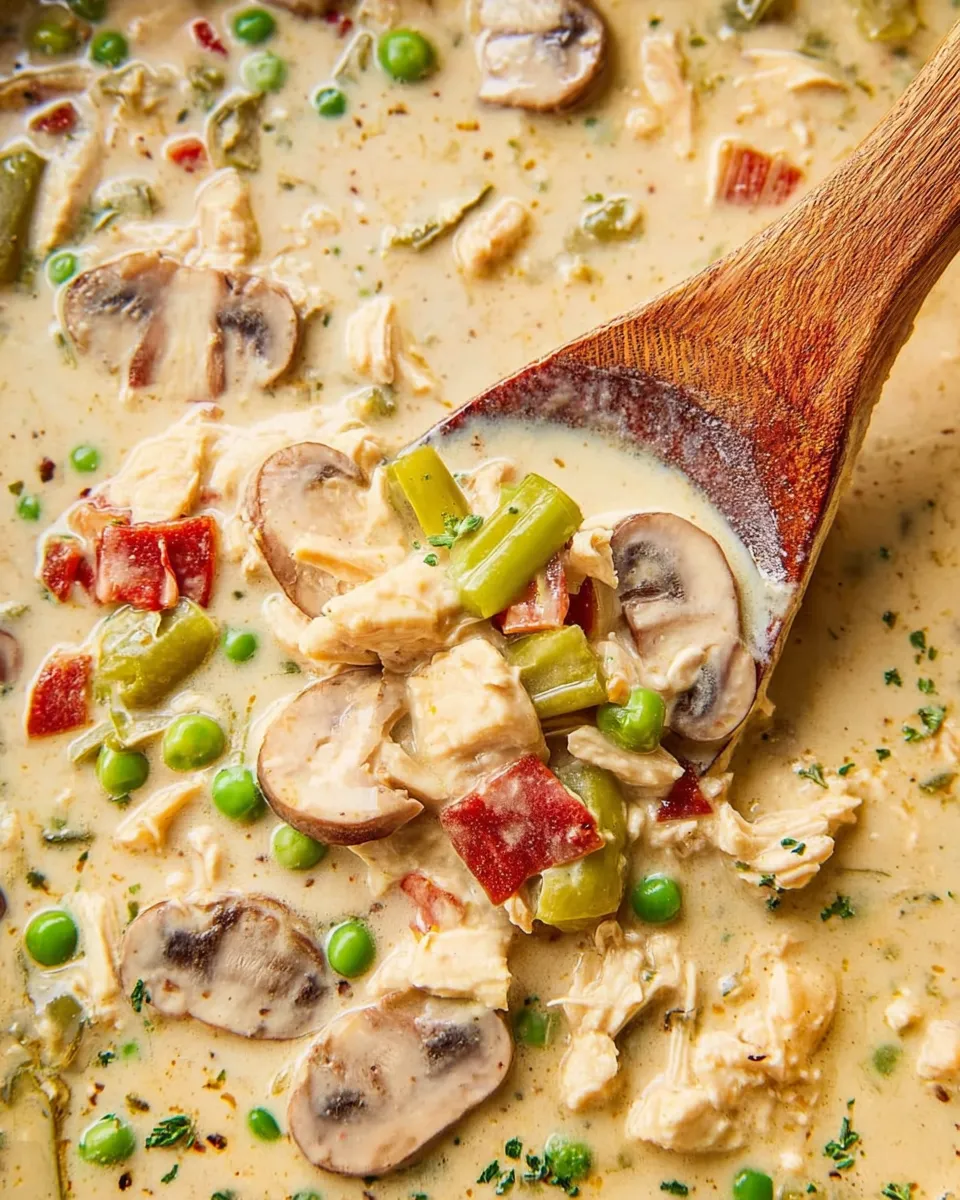 Overhead close-up of creamy Chicken à la King sauce in a pot. A wooden spoon lifts a generous scoop filled with sliced white mushrooms, green peas, red pimentos, and tender chunks of chicken coated in a rich, glossy cream sauce.