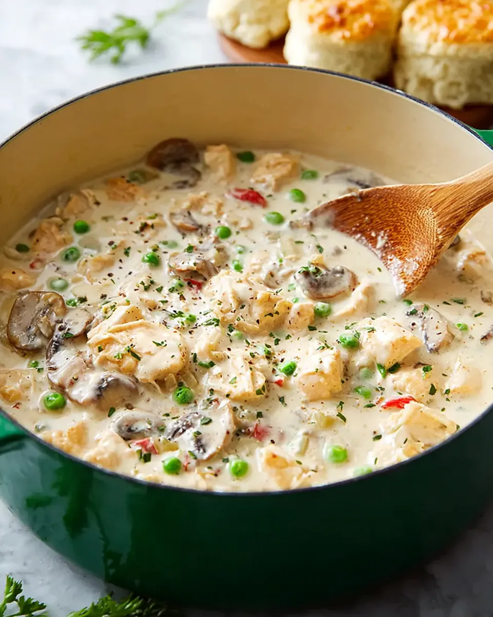 Large green pot filled with creamy Chicken à la King, featuring chunks of chicken, sliced mushrooms, green peas, and red pimentos. A wooden spoon rests in the sauce, and a plate of golden-brown biscuits is visible in the background.