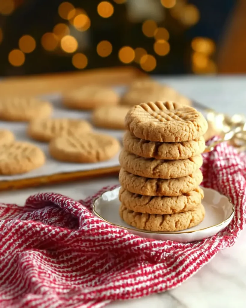 A tall stack of golden-brown peanut butter cookies with a classic fork crisscross pattern, served on a small plate with a red striped napkin and a baking sheet in the background.