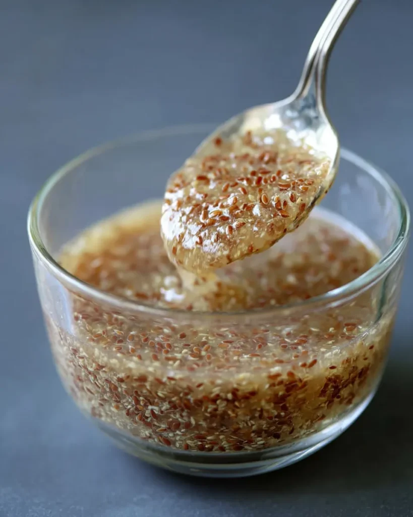 A metal spoon lifts the thickened flax egg from a glass bowl, showing its thick, goopy, and gel-like consistency.