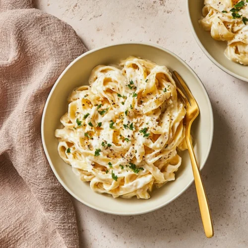 An overhead shot of two bowls of dairy-free fettuccine alfredo on a light surface. A gold fork rests in the main bowl, and a pink linen napkin is placed nearby.