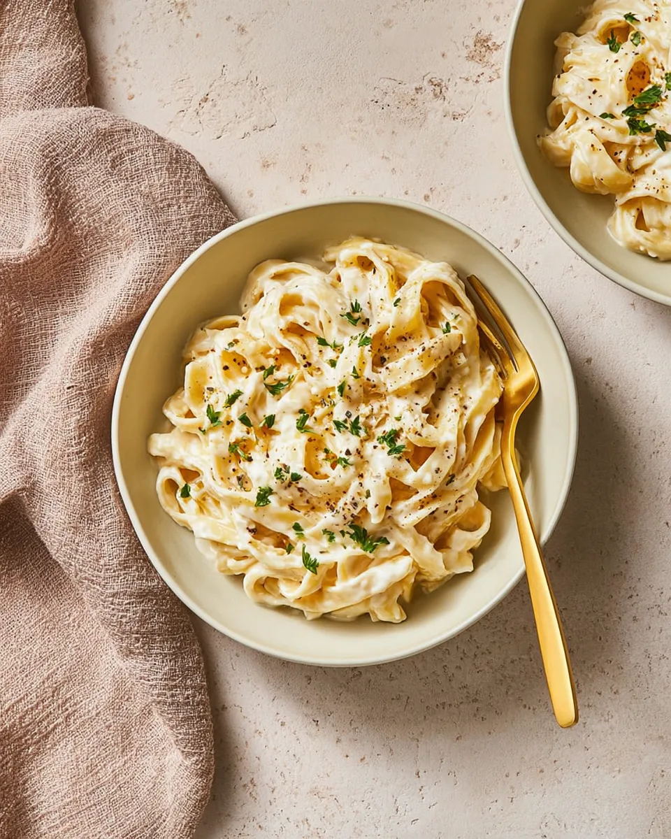 Dairy-Free Alfredo Sauce served An overhead shot of two bowls of dairy-free fettuccine alfredo on a light surface. A gold fork rests in the main bowl, and a pink linen napkin is placed nearby.