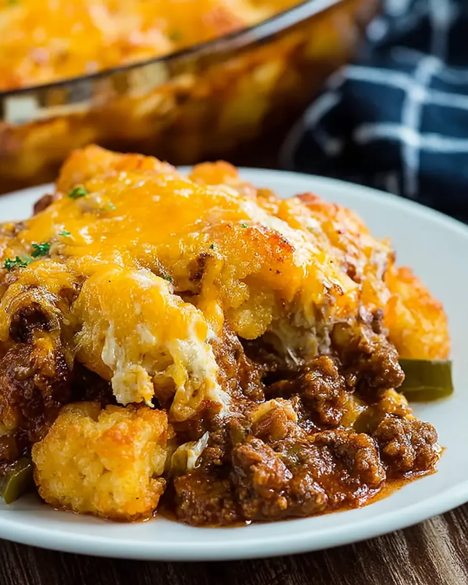 A close-up of a generous serving of Cheesy Tater Tot Sloppy Joe Skillet on a white plate, showing layers of saucy ground beef with green peppers, topped with crispy tater tots and melted cheddar cheese.