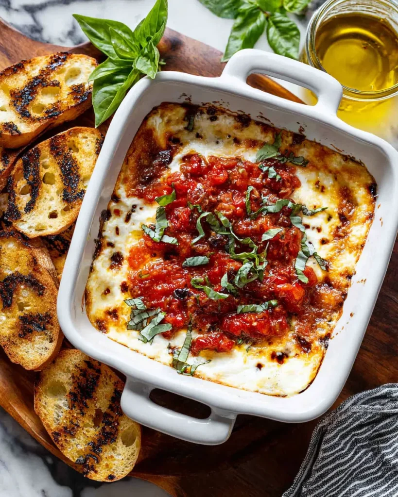 An overhead shot of a white square baking dish filled with hot, bubbly baked goat cheese dip. The golden-brown cheese is topped with a generous amount of red tomato bruschetta and fresh basil, served alongside grilled crostini on a wooden board.