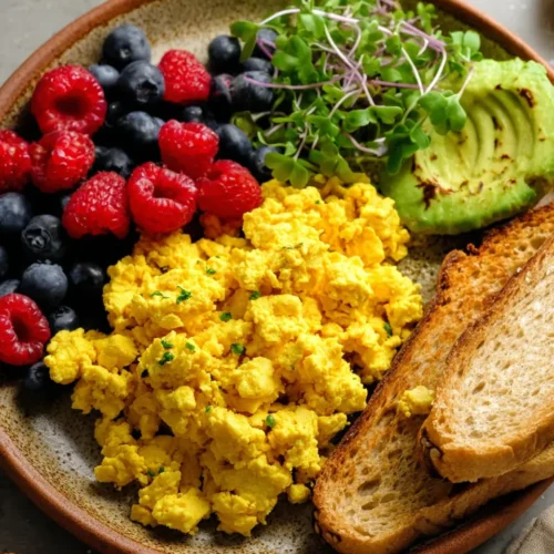 A vibrant breakfast plate featuring a generous serving of bright yellow tofu scramble, alongside fresh blueberries and raspberries, sliced avocado, microgreens, and two slices of golden-brown toast.