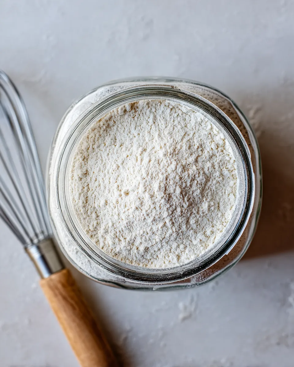 An overhead, close-up shot of a clear glass jar filled with a white flour blend. A wire whisk with a wooden handle rests beside the jar on a light gray, textured surface.
