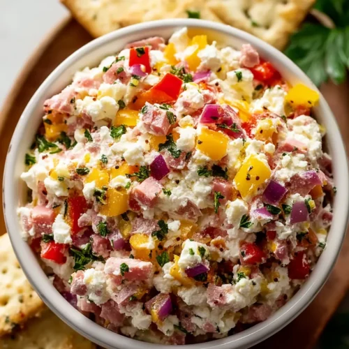 An overhead, close-up photo of the finished Grinder Feta Dip served in a white bowl. The chunky dip is filled with visible crumbled feta, diced red and yellow peppers, red onion, and salami, and is sitting on a wooden platter surrounded by square crackers.