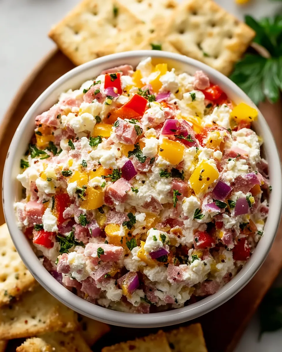 An overhead, close-up photo of the finished Grinder Feta Dip served in a white bowl. The chunky dip is filled with visible crumbled feta, diced red and yellow peppers, red onion, and salami, and is sitting on a wooden platter surrounded by square crackers.