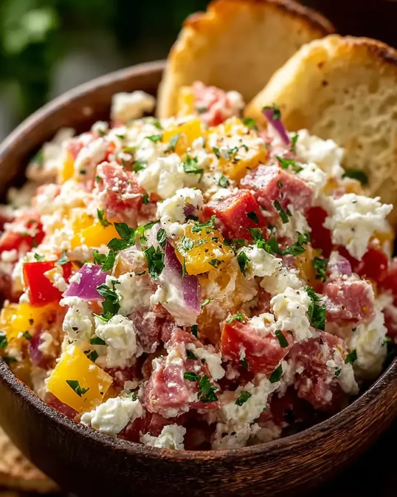 A close-up shot of a rustic wooden bowl filled with chunky Grinder Feta Dip. The dip clearly shows crumbled feta, diced salami, red and yellow peppers, and red onion, all garnished with parsley. Toasted baguette slices are visible in the background.