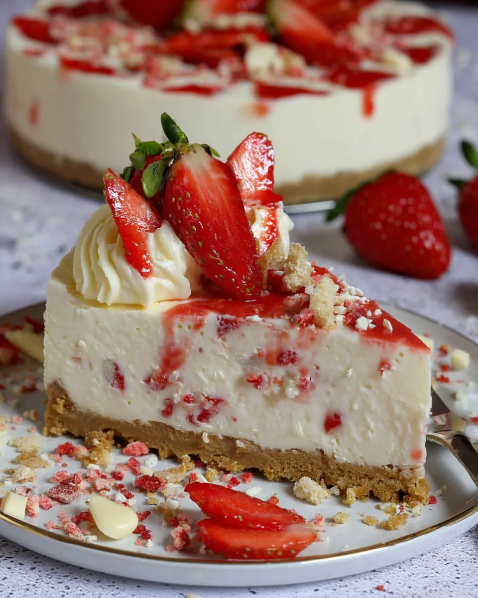 no-bake white chocolate strawberry cheesecake on a plate Close-up shot of a single slice of no-bake white chocolate strawberry cheesecake on a plate. The slice highlights the crunchy crust, creamy filling with freeze-dried strawberry pieces, and is topped with piped whipped cream and a glossy fresh strawberry sauce.