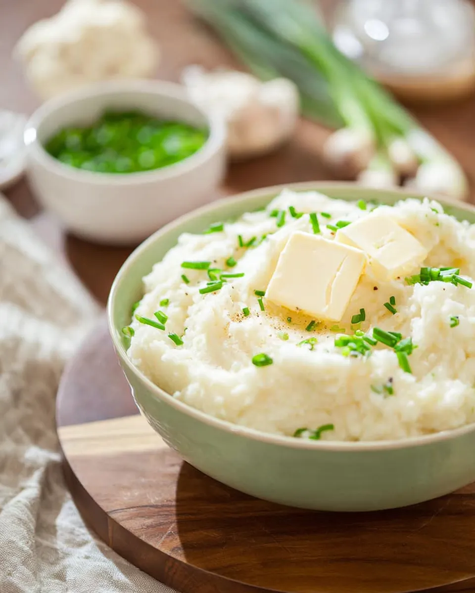 A close-up of a green bowl filled with creamy cauliflower mash, topped with two pats of butter, chives, and black pepper, with fresh ingredients blurred in the background.