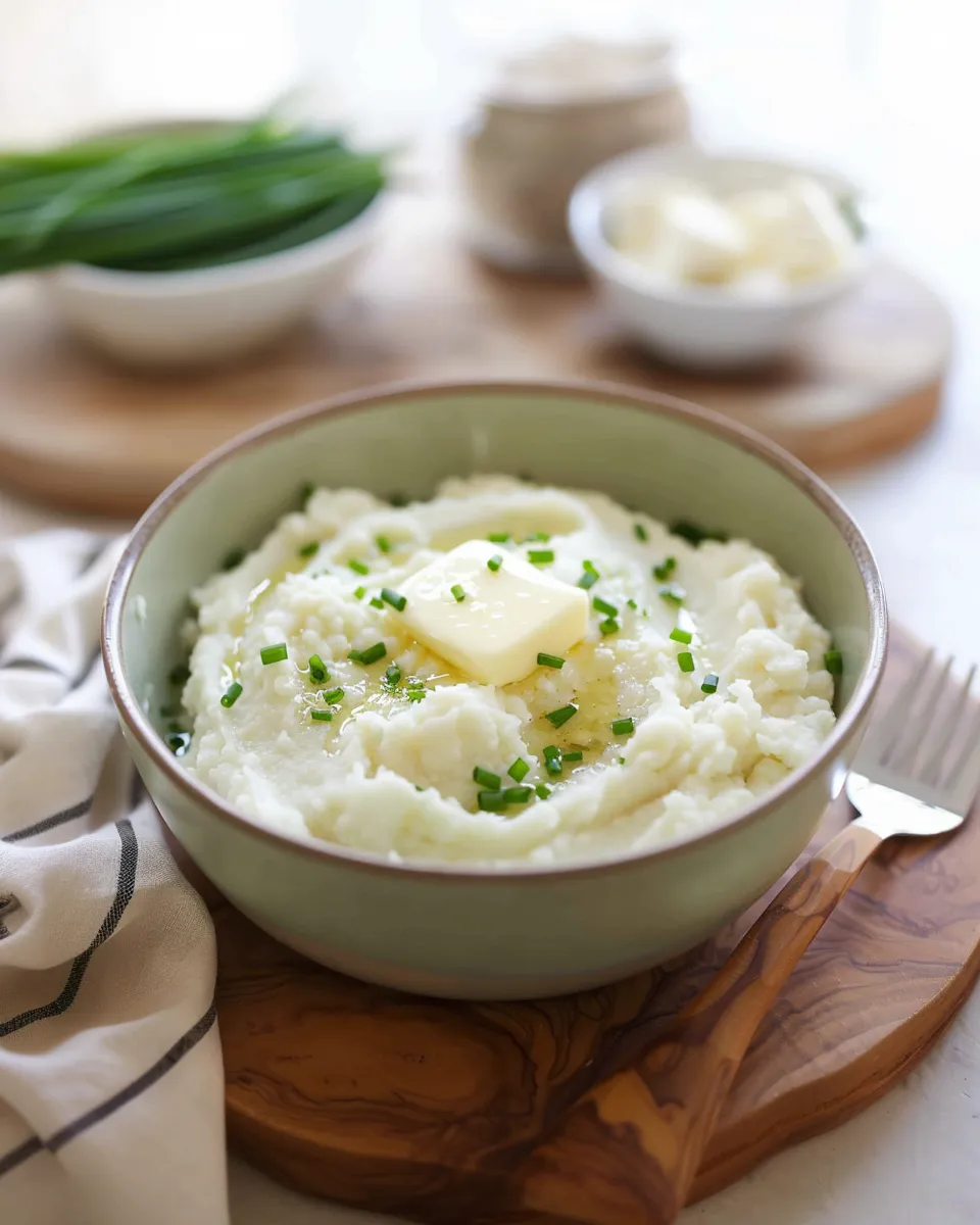 A light green bowl of creamy cauliflower mashed potatoes, topped with a melting pat of butter and fresh chives, with a fork resting nearby on a wooden board.