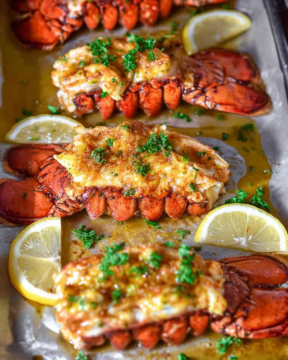 baked butterflied lobster tails Overhead view of a baking sheet lined with parchment paper holding freshly baked lobster tails. The shells are bright red, and the butterflied meat is topped with melted garlic herb butter and chopped fresh parsley, surrounded by roasted lemon slices.