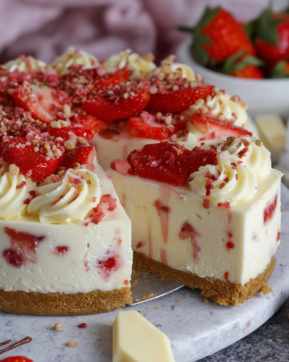 strawberry white chocolate cheesecake recipe Close-up image of a white chocolate strawberry cheesecake on a marble board, showing a slice being removed by a server. The slice highlights the perfectly firm, creamy no-bake filling with visible ribbons of strawberry and a thick, buttery crust.