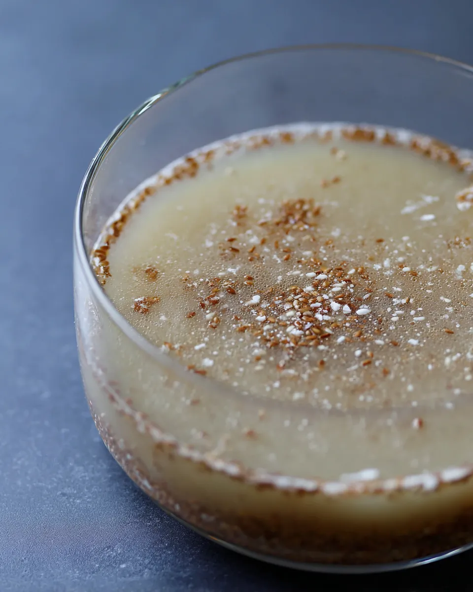 An angled close-up of a glass bowl showing a flax egg mixture gelling, with flax seeds visible throughout the translucent, thick liquid.