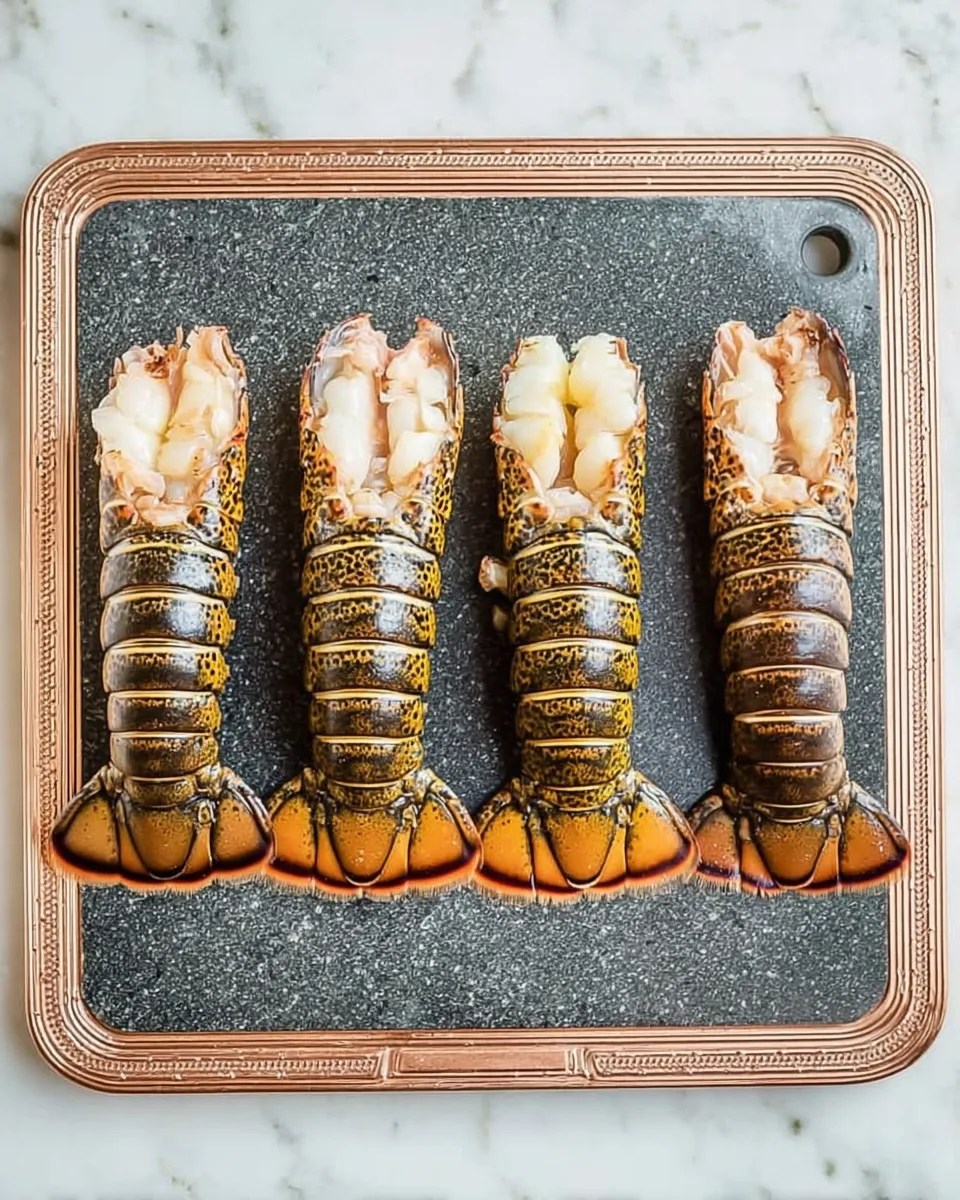 butterfly lobster tails for baking. Overhead view of four raw, butterflied lobster tails arranged on a dark cutting board. The translucent lobster meat has been pulled through the split top shell and is resting on top, ready for seasoning and baking.