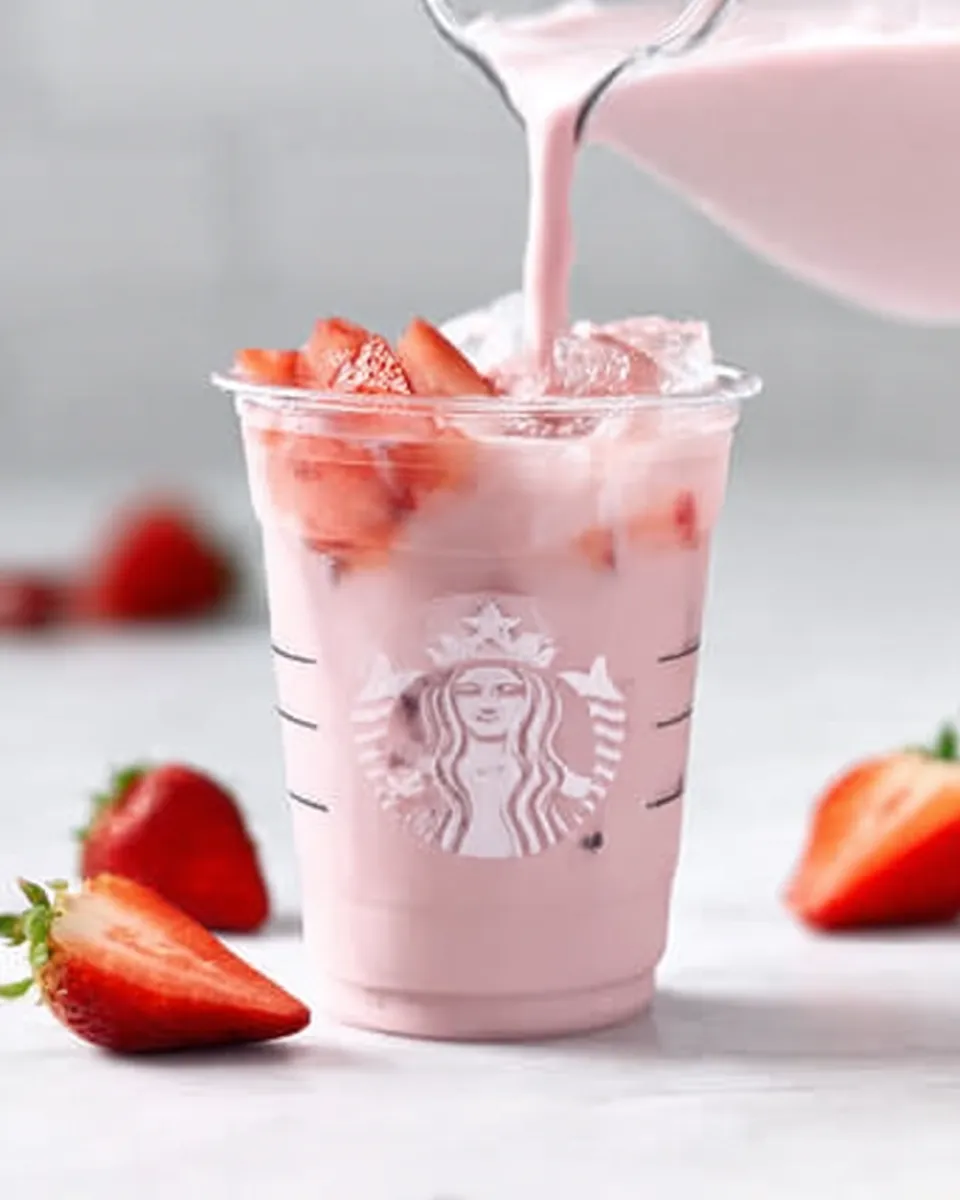 starbucks pink drink recipe A creamy pink drink being poured into a Starbucks cup filled with ice and fresh diced strawberries, surrounded by whole strawberries on a white surface.