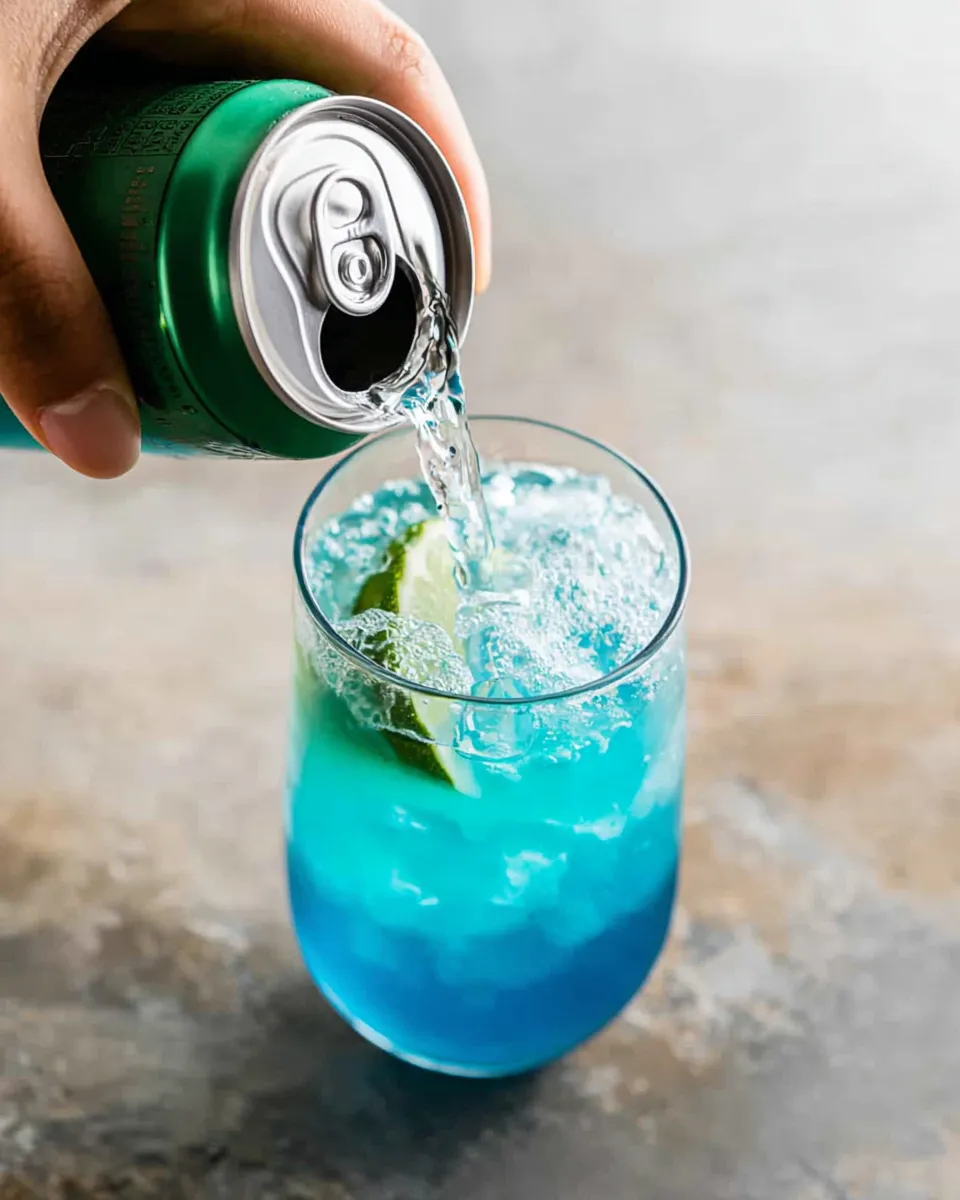 A hand pours a clear, fizzy liquid from a green soda can into a glass filled with a vibrant blue drink, ice, and a lime wedge.
