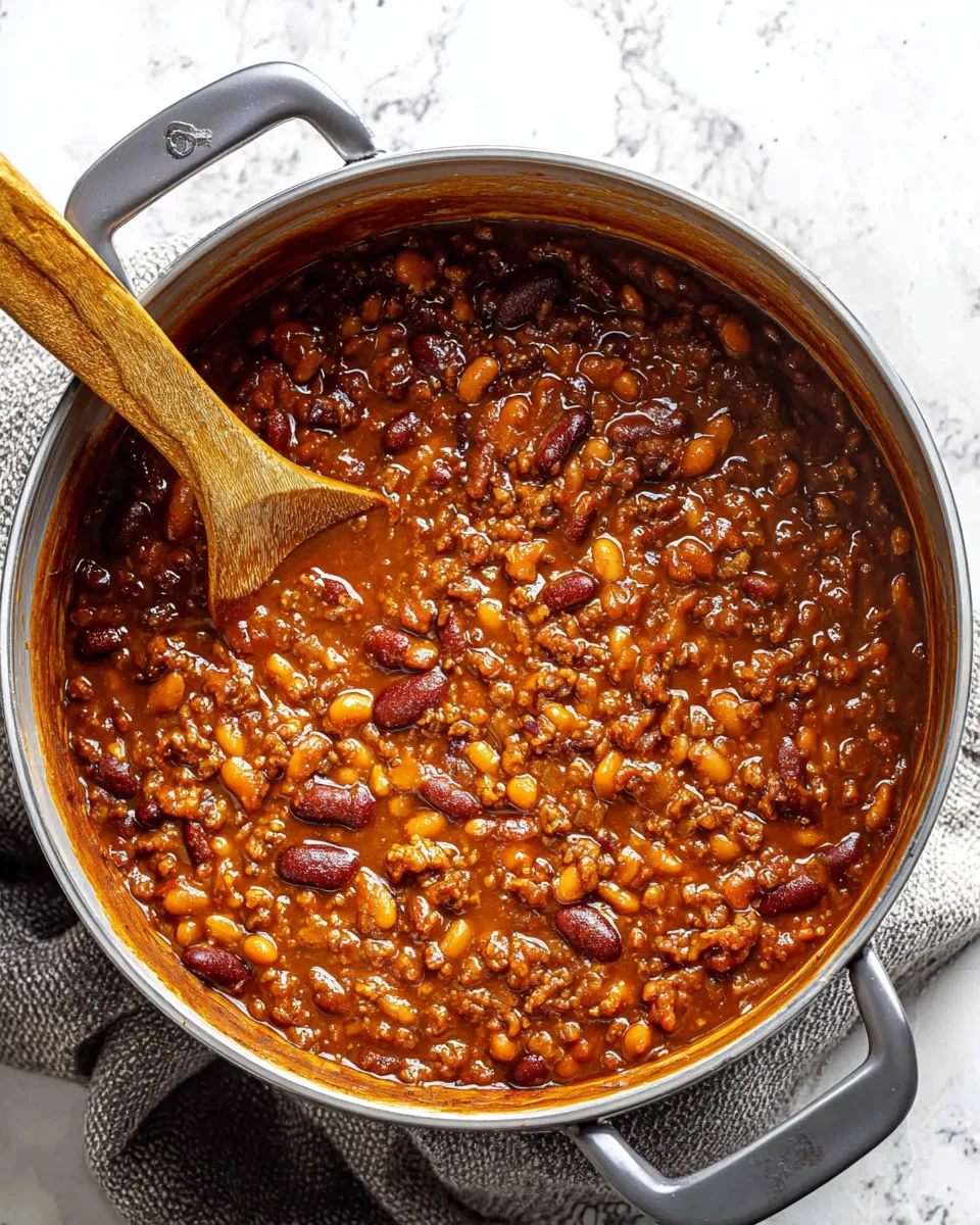 Overhead shot of the finished cowboy beans recipe in a large silver Dutch oven, showing the thick BBQ sauce, ground beef, kidney beans, and pinto beans with a wooden spoon resting inside.