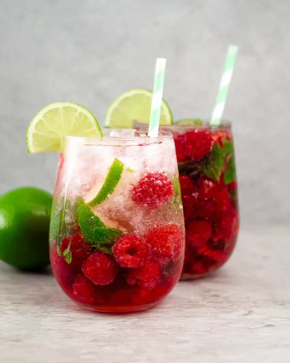 Two fresh raspberry mocktails in curved glasses, filled with crushed ice, whole raspberries, and mint, and garnished with lime wheels and green paper straws.