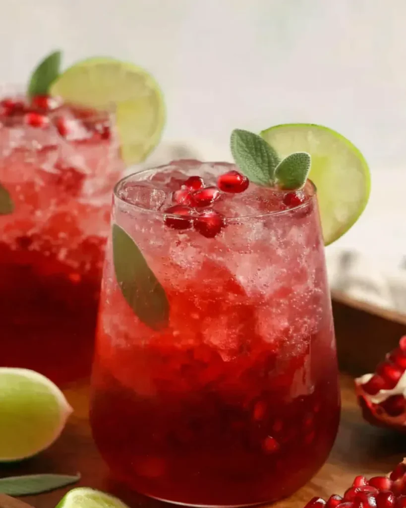 A close-up of a vibrant red pomegranate mocktail in a rounded glass, filled with crushed ice and garnished with a lime wheel, a fresh sage leaf, and scattered pomegranate arils.