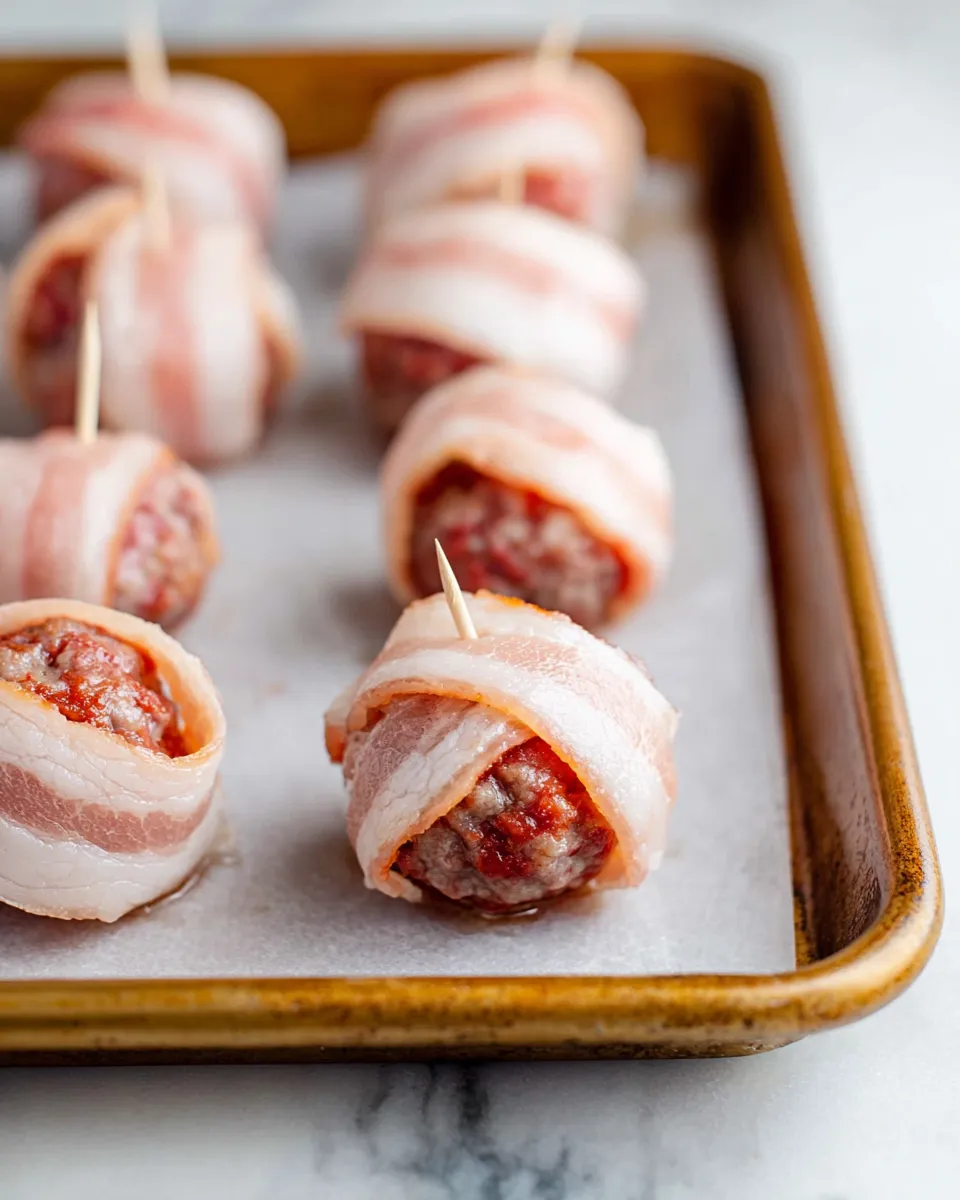 Raw Cheddar Stuffed BBQ Bacon Bombs Raw Cheddar Stuffed BBQ Bacon Bombs arranged on a parchment-lined baking sheet, wrapped in bacon slices and secured with toothpicks, ready for baking.