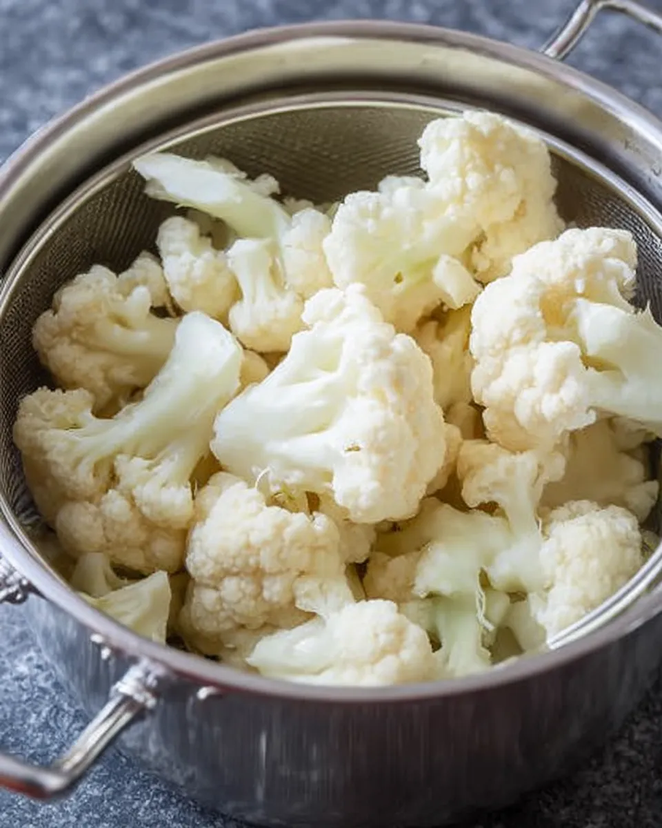 A metal mesh colander filled with cooked, white cauliflower florets, drained after steaming.