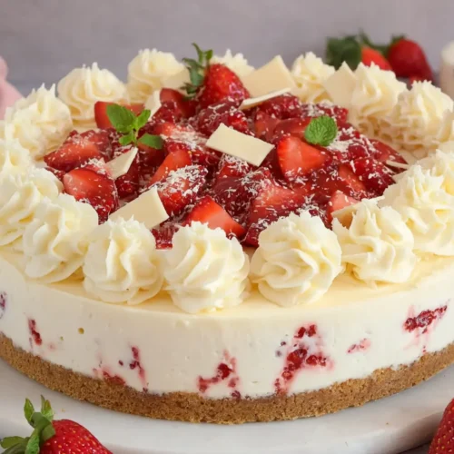 Close-up amateur shot of a whole no-bake white chocolate strawberry cheesecake. It features a graham cracker crust, a creamy strawberry-studded filling, and is generously garnished with piped whipped cream rosettes, a glossy fresh strawberry topping, and white chocolate shavings.