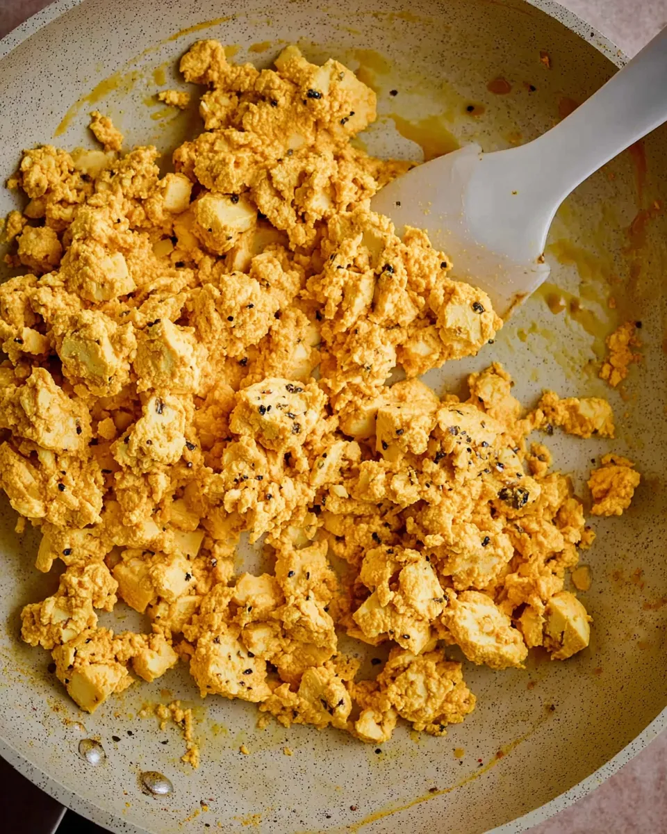 An overhead shot of a nonstick skillet filled with golden yellow tofu scramble. A white spatula is folding the creamy, crumbled tofu, which is speckled with black salt and spices.