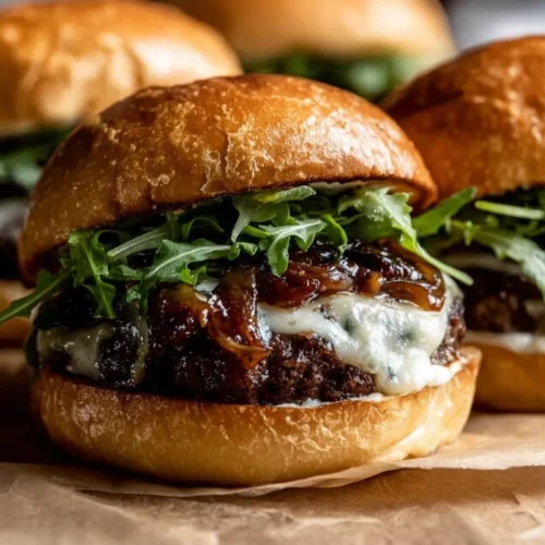 Gourmet French onion soup burger served on a toasted brioche bun, topped with a pile of dark, glossy caramelized onion jam, melted Gruyere cheese, and fresh arugula.