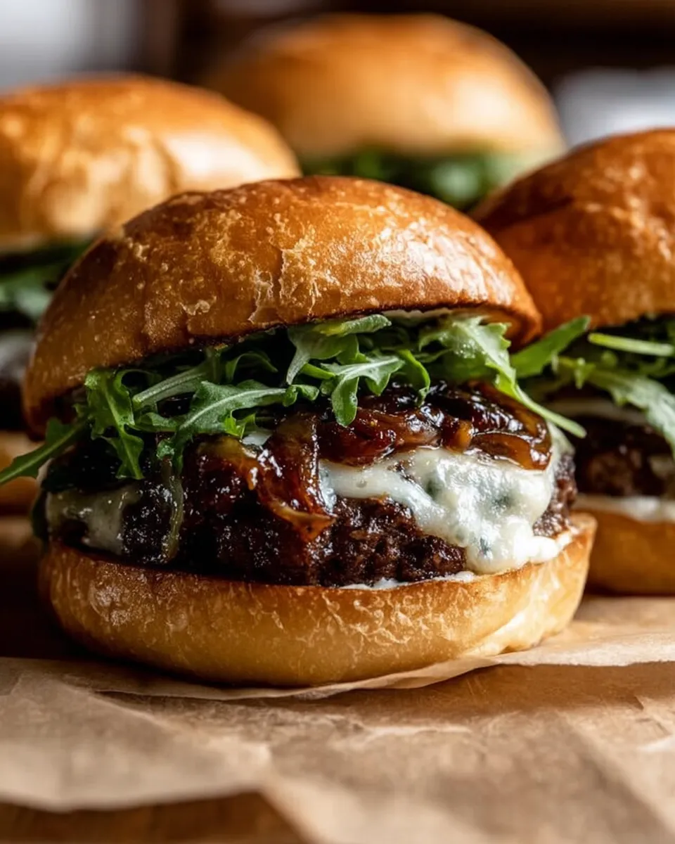 bistro-style French onion burger Gourmet French onion soup burger served on a toasted brioche bun, topped with a pile of dark, glossy caramelized onion jam, melted Gruyere cheese, and fresh arugula.
